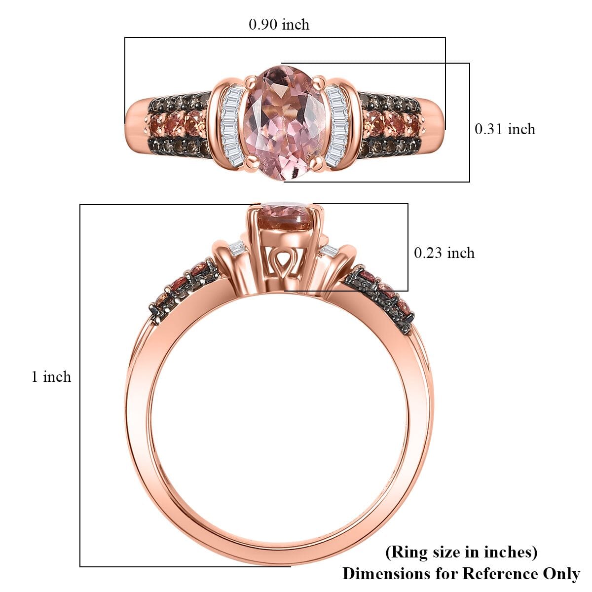 D'Joy Blush Tourmaline, Padparadscha Sapphire, Natural Champagne and White Diamond 1.00 ctw Rising Sun Ring in 18K Vermeil Rose Gold Over Sterling Silver (Size 10.0) image number 5