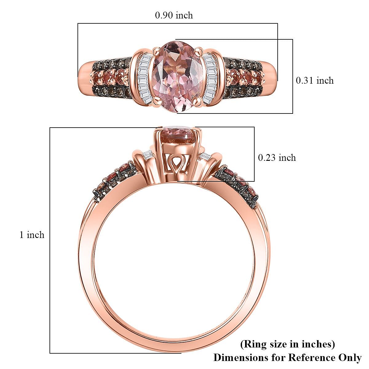D'Joy Blush Tourmaline, Padparadscha Sapphire, Natural Champagne and White Diamond 1.00 ctw Rising Sun Ring in 18K Vermeil Rose Gold Over Sterling Silver (Size 5.0) image number 5