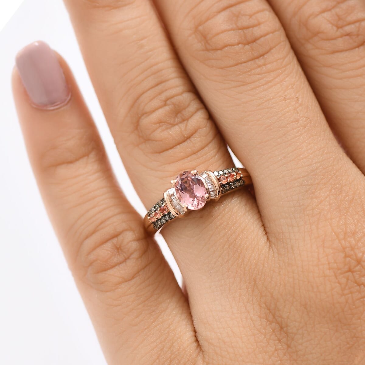 D'Joy Blush Tourmaline, Padparadscha Sapphire, Natural Champagne and White Diamond 1.00 ctw Rising Sun Ring in 18K Vermeil Rose Gold Over Sterling Silver (Size 7.0) image number 2
