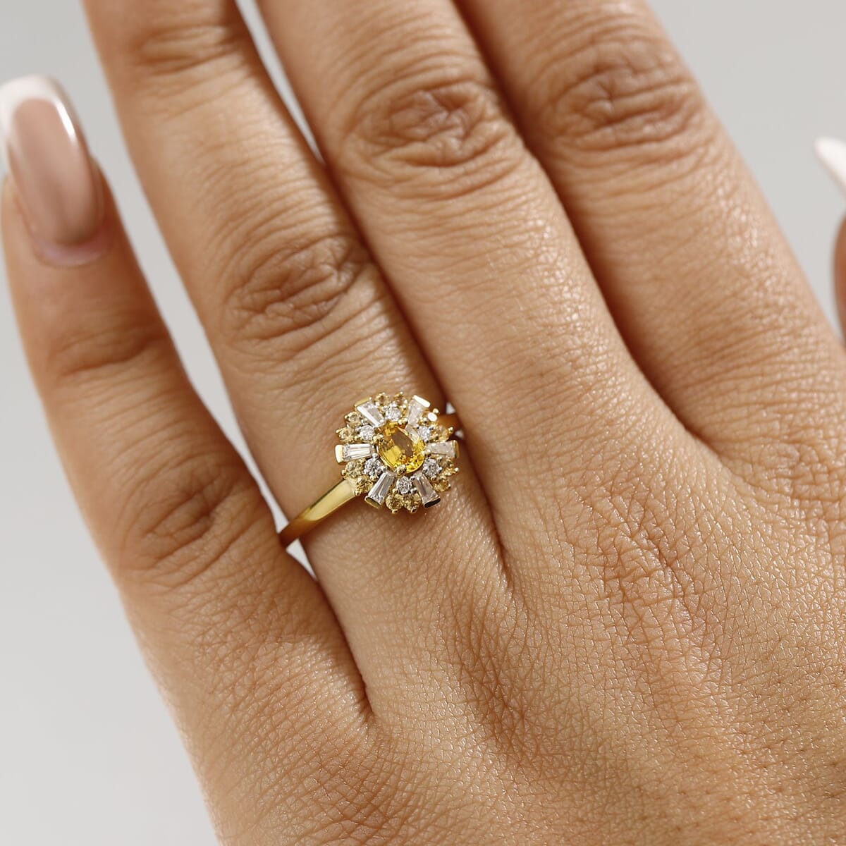 Yellow Sapphire ,  Moissanite  Main Stone With Side Stone Ring in 18K YG Vermeil Sterling Silver 1.11 ctw image number 2