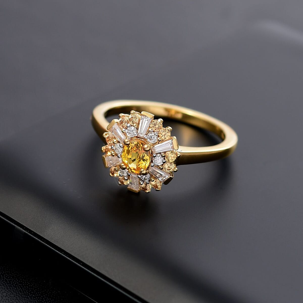 D'Joy Madagascar Yellow Sapphire and Moissanite 1.10 ctw Snowflake Ring in 18K Vermeil Yellow Gold Over Sterling Silver (Size 7.0) image number 1