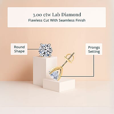 IGI Certified Luxuriant Lab Grown Diamond E-F VS 3.00 ctw Stud Earrings in 14K Yellow Gold
