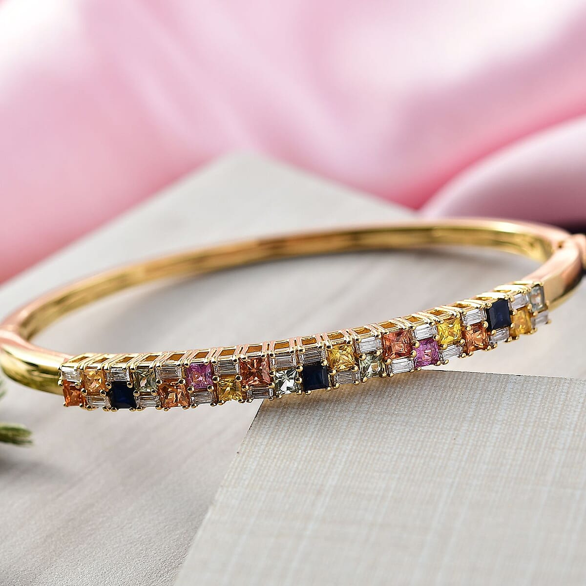 D'Joy Multi Sapphire and Moissanite 4.50 ctw Color Crest Bangle Bracelet in 18K Vermeil YG Over Sterling Silver (7.25 In) image number 1