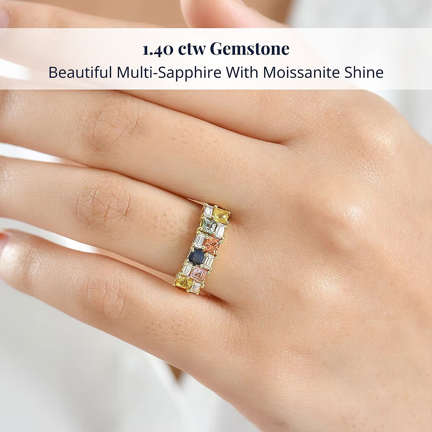 D'Joy Multi Sapphire, Moissanite Crest Ring in 18K Vermeil YG Over Sterling Silver 1.40 ctw (Size 10.0)