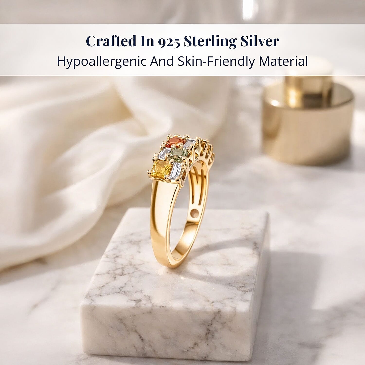 D'Joy Multi Sapphire, Moissanite Crest Ring in 18K Vermeil YG Over Sterling Silver 1.40 ctw (Size 10.0)