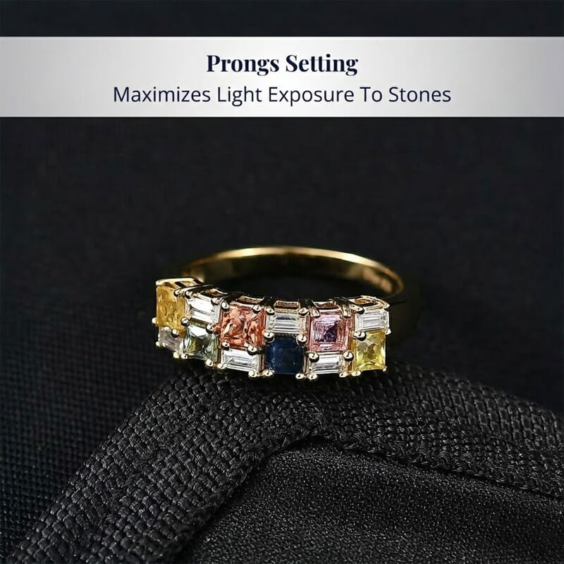 D'Joy Multi Sapphire, Moissanite Crest Ring in 18K Vermeil YG Over Sterling Silver 1.40 ctw (Size 10.0)