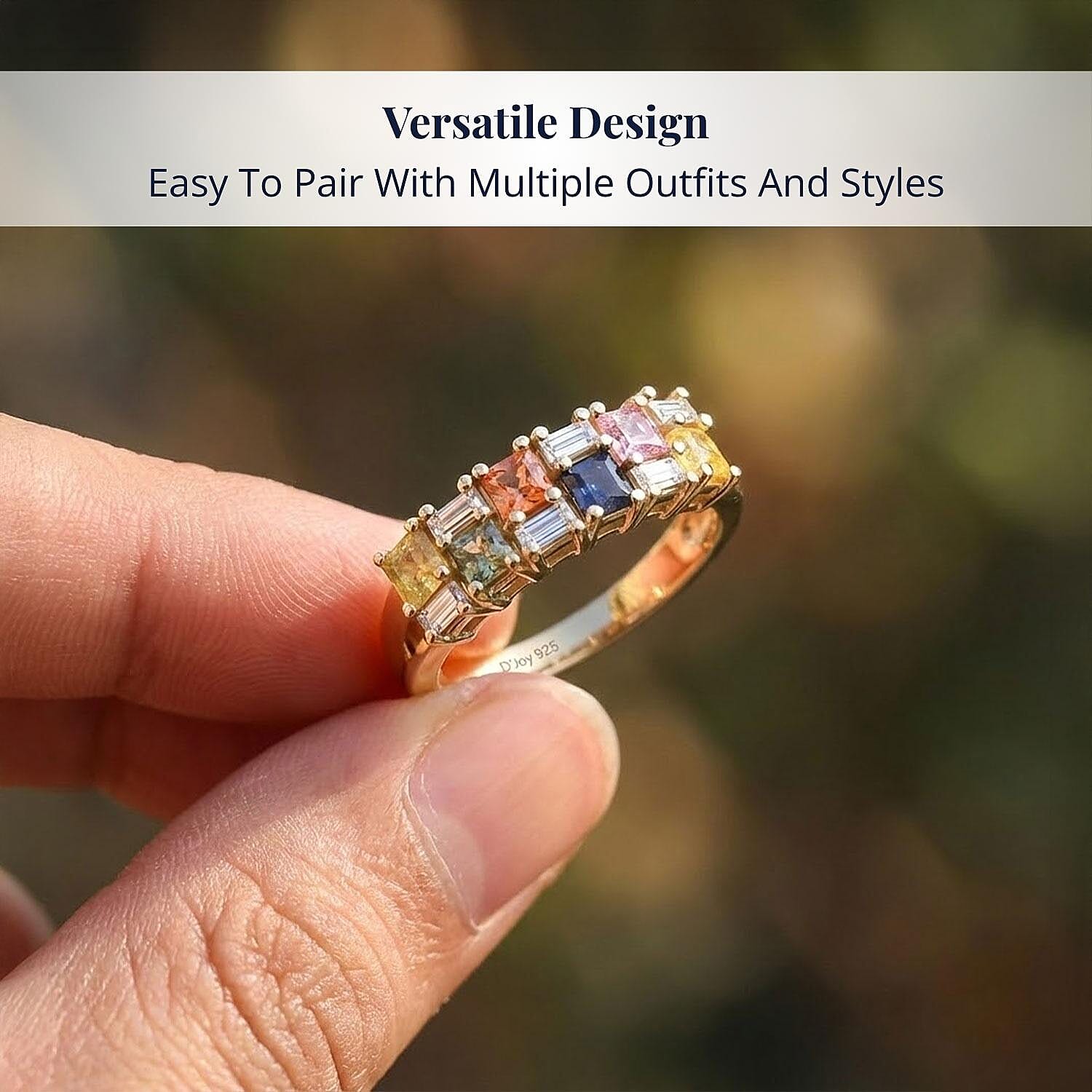 D'Joy Multi Sapphire, Moissanite Crest Ring in 18K Vermeil YG Over Sterling Silver 1.40 ctw (Size 10.0)