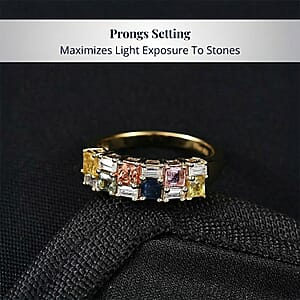 D'Joy Multi Sapphire, Moissanite Crest Ring in 18K Vermeil YG Over Sterling Silver 1.40 ctw (Size 5.0)