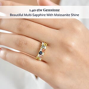 D'Joy Multi Sapphire, Moissanite Crest Ring in 18K Vermeil YG Over Sterling Silver 1.40 ctw (Size 8.0)