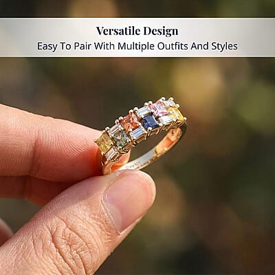 D'Joy Multi Sapphire, Moissanite Crest Ring in 18K Vermeil YG Over Sterling Silver 1.40 ctw (Size 8.0)