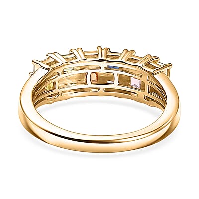 D'Joy Multi Sapphire, Moissanite Crest Ring in 18K Vermeil YG Over Sterling Silver 1.40 ctw (Size 8.0)
