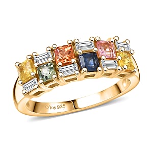 D'Joy Multi Sapphire and Moissanite 1.40 ctw Color Crest Ring in 18K Vermeil Yellow Gold Over Sterling Silver (Size 9.0)