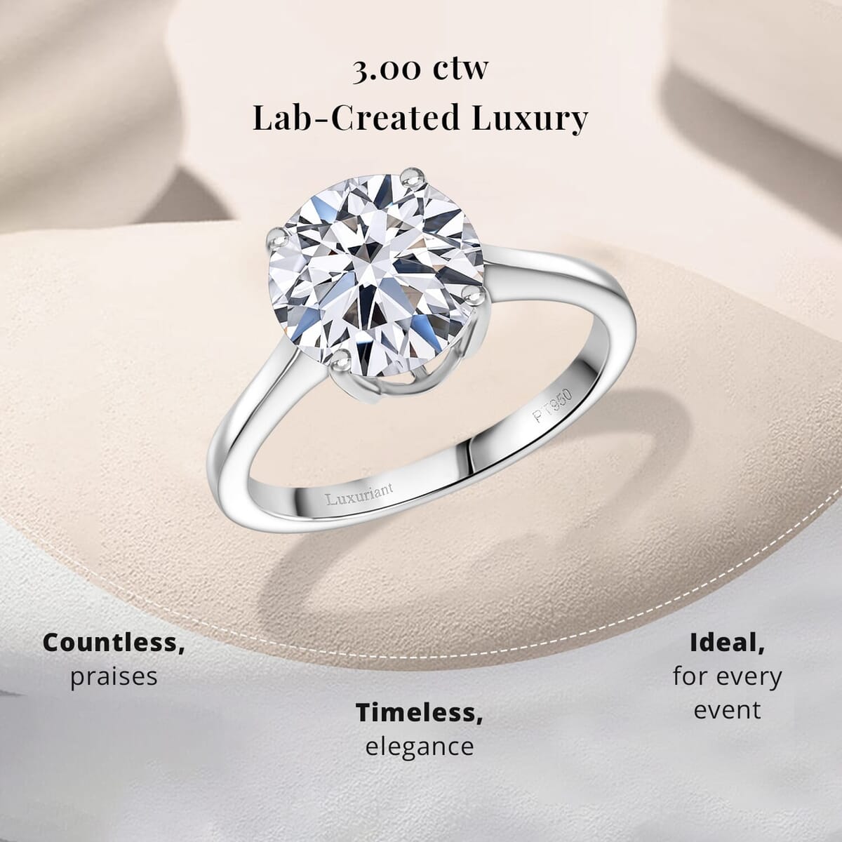 IGI Certified Luxuriant Lab Grown Diamond E-F VS 3.00 ctw Solitaire Ring in 950 Platinum (Size 10.0) image number 2