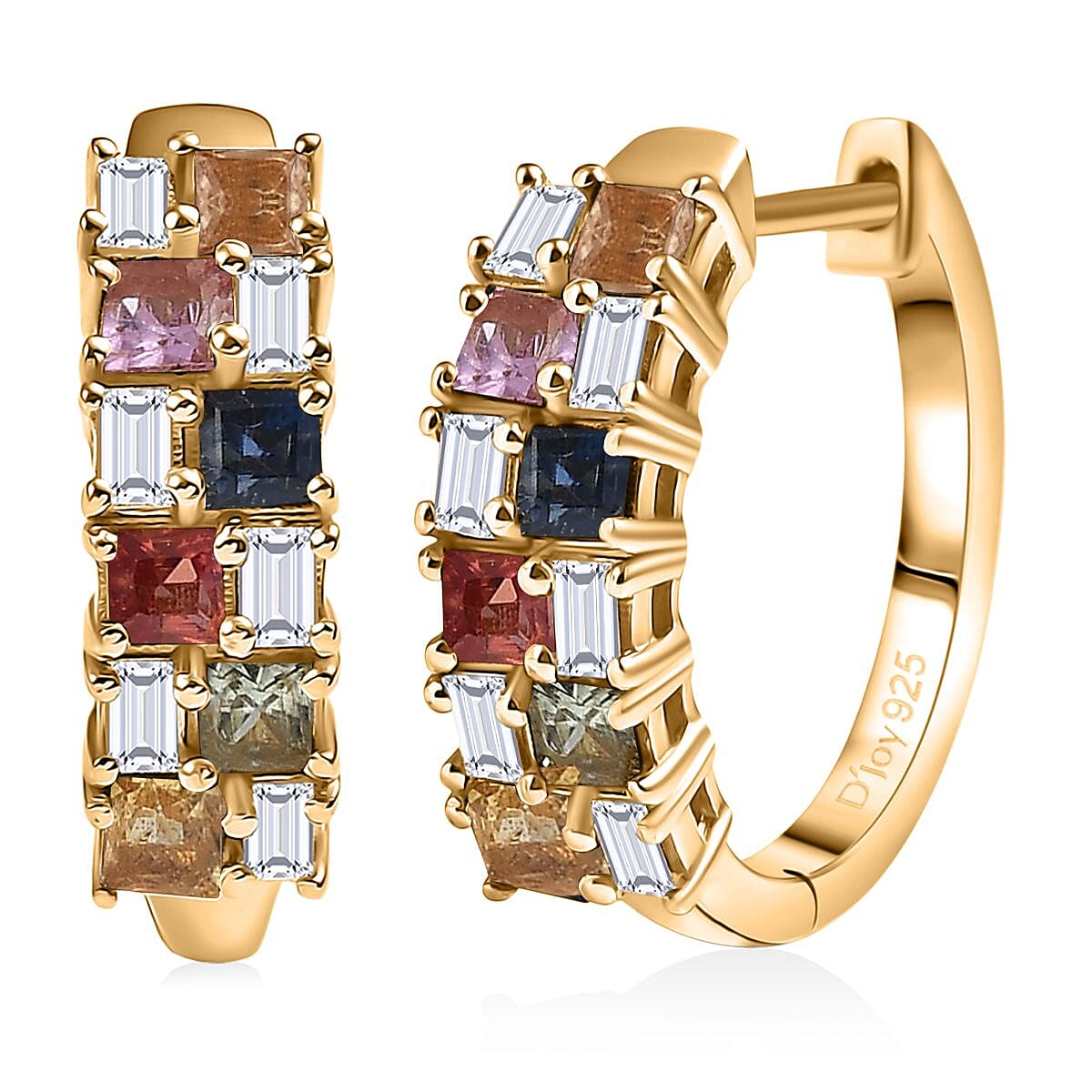 D'Joy Multi Sapphire and Moissanite 2.00 ctw Color Crest Hoop Earrings in 18K Vermeil Yellow Gold Over Sterling Silver image number 0