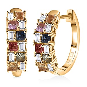 D'Joy Multi Sapphire and Moissanite 2.00 ctw Color Crest Hoop Earrings in 18K Vermeil Yellow Gold Over Sterling Silver