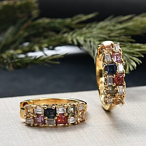 D'Joy Multi Sapphire and Moissanite 2.00 ctw Color Crest Hoop Earrings in 18K Vermeil Yellow Gold Over Sterling Silver