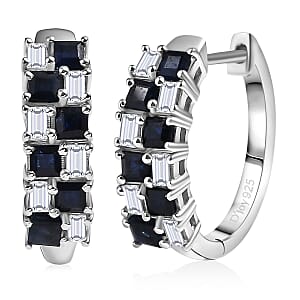 D'Joy Blue Sapphire and Moissanite 2.10 ctw Midnight Lineage Earrings in Rhodium Over Sterling Silver