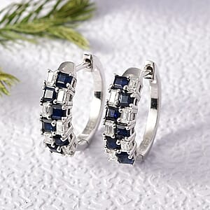 D'Joy Blue Sapphire and Moissanite 2.10 ctw Midnight Lineage Earrings in Rhodium Over Sterling Silver