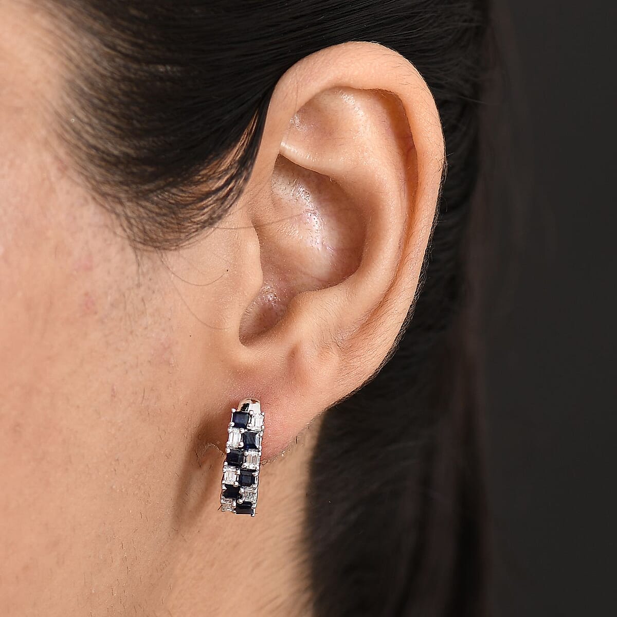 D'Joy Blue Sapphire and Moissanite 2.10 ctw Midnight Lineage Earrings in Rhodium Over Sterling Silver image number 2