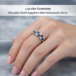 D'Joy Blue Sapphire and Moissanite 1.50 ctw Midnight Lineage Ring in Rhodium Over Sterling Silver (Size 10.0)
