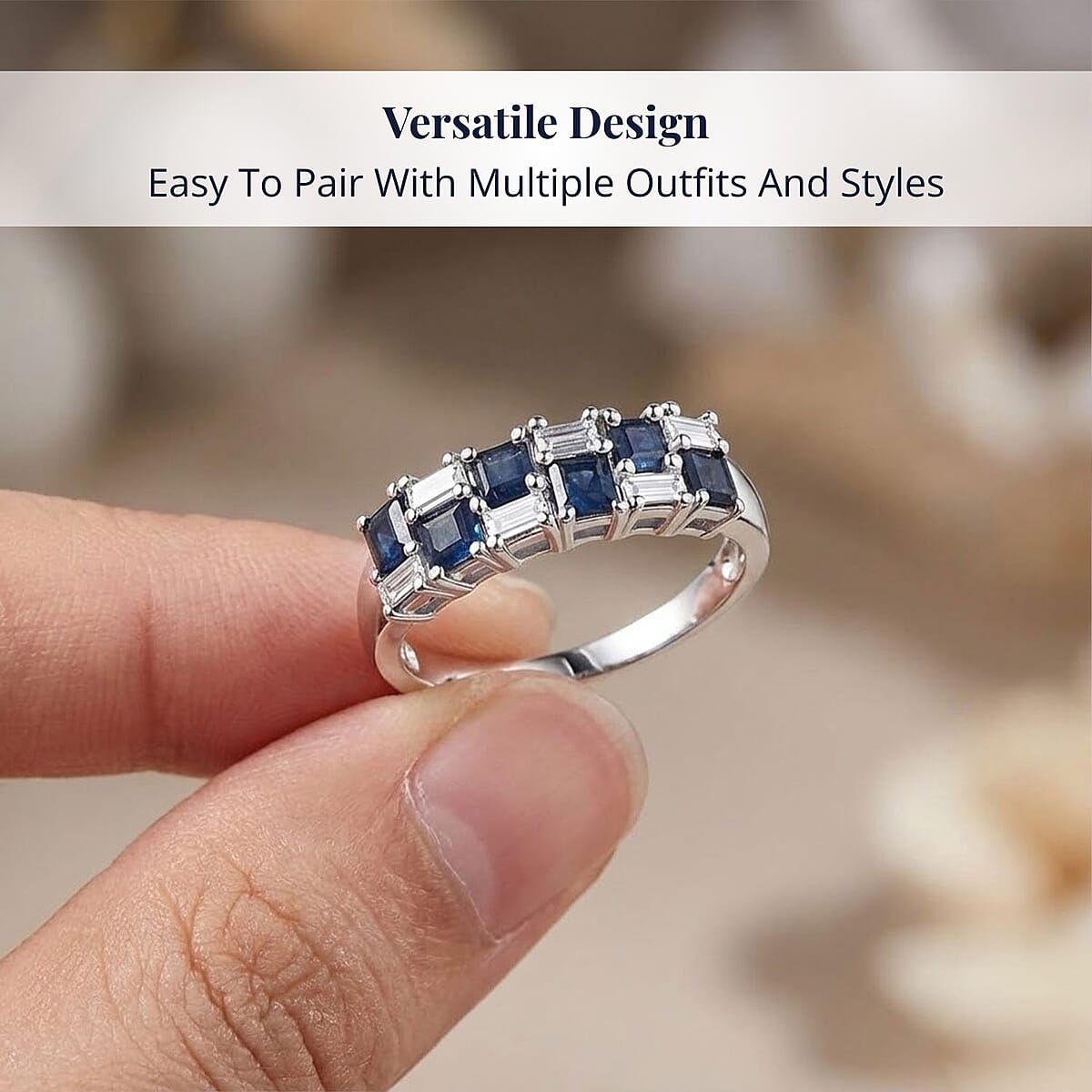 D'Joy Blue Sapphire and Moissanite 1.50 ctw Midnight Lineage Ring in Rhodium Over Sterling Silver (Size 6.0) image number 4