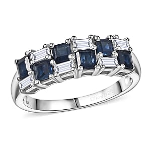 D'Joy Blue Sapphire and Moissanite 1.50 ctw Midnight Lineage Ring in Rhodium Over Sterling Silver (Size 7.0)