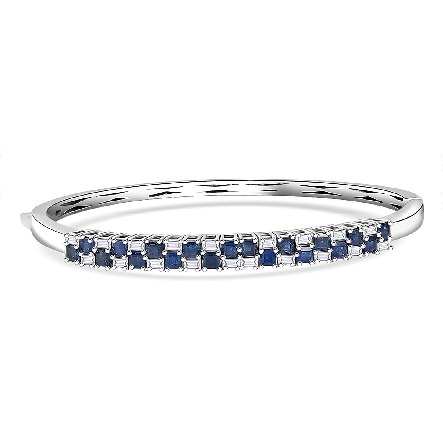 D'Joy Blue Sapphire and Moissanite 4.65 ctw Midnight Lineage Bangle Bracelet in Rhodium Over Sterling Silver (7.25 In)
