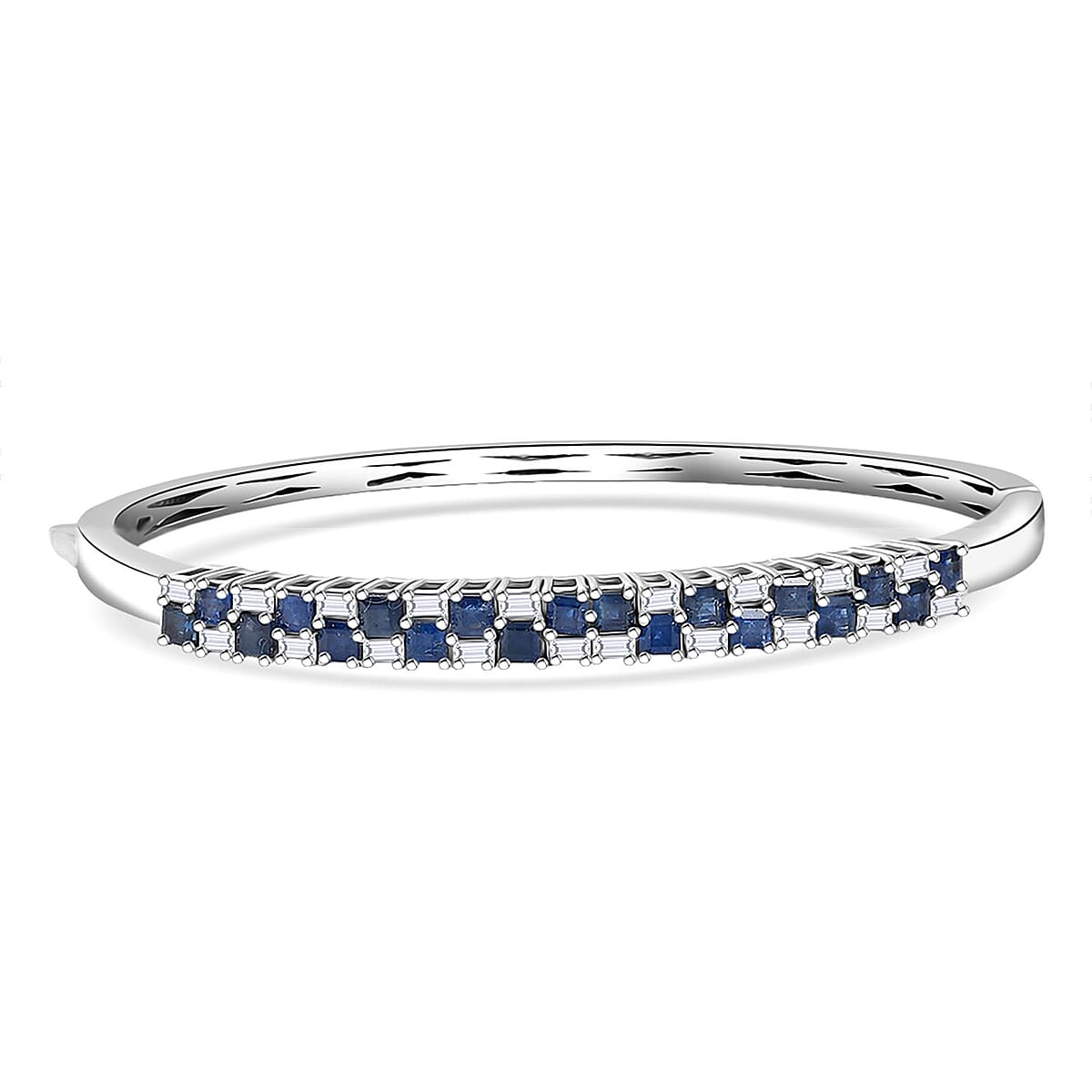 D'Joy Blue Sapphire and Moissanite 4.65 ctw Midnight Lineage Bangle Bracelet in Rhodium Over Sterling Silver (7.25 In) image number 0