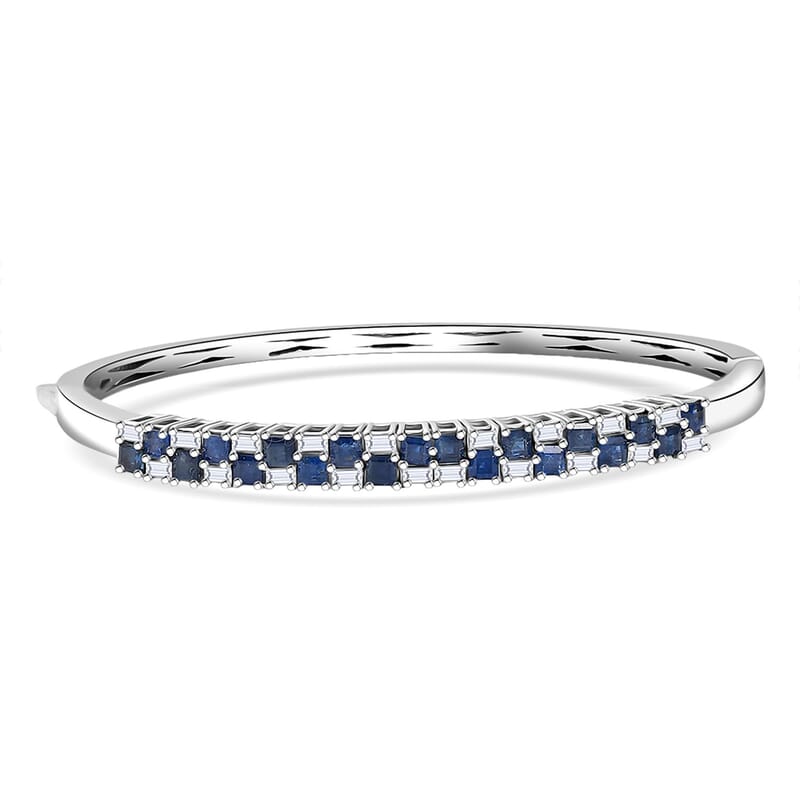 D'Joy Blue Sapphire and Moissanite 4.65 ctw Midnight Lineage Bangle Bracelet in Rhodium Over Sterling Silver (7.25 In)