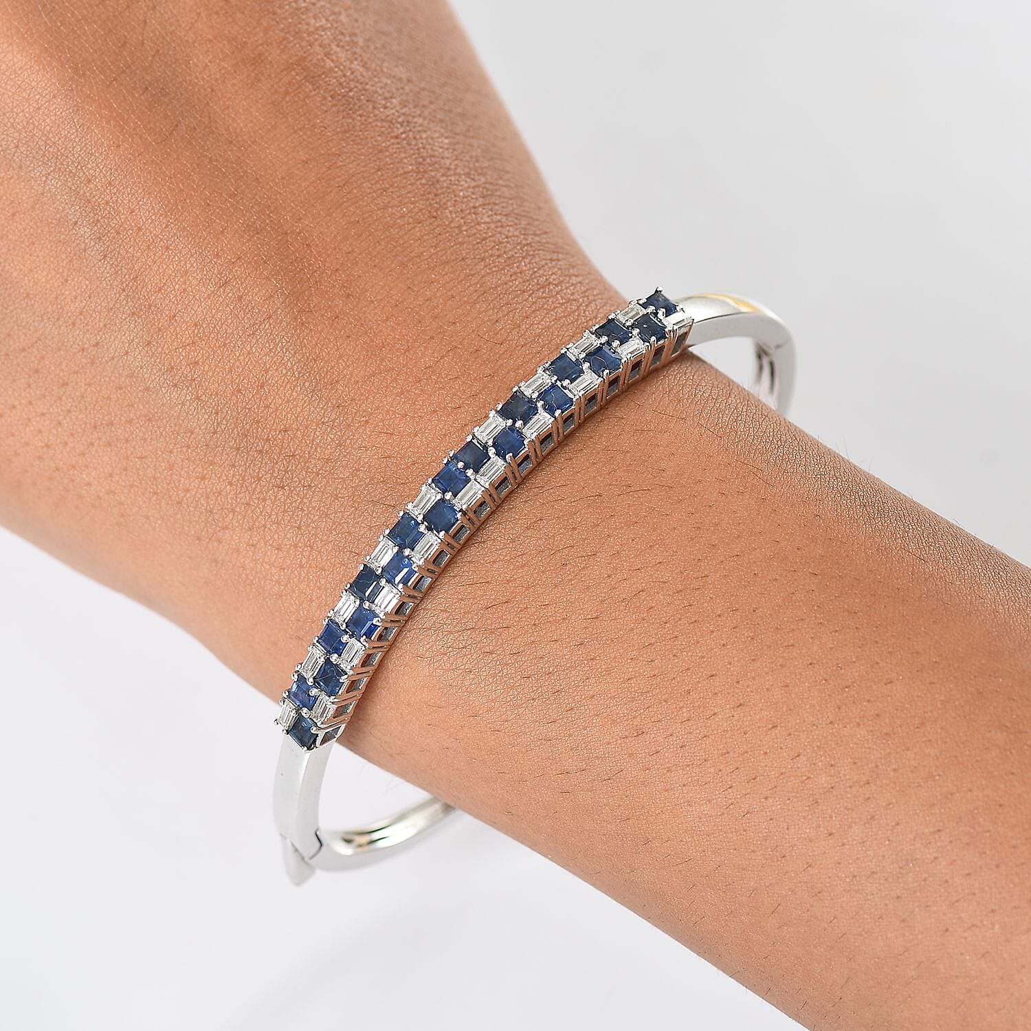 D'Joy Blue Sapphire and Moissanite 4.65 ctw Midnight Lineage Bangle Bracelet in Rhodium Over Sterling Silver (7.25 In)
