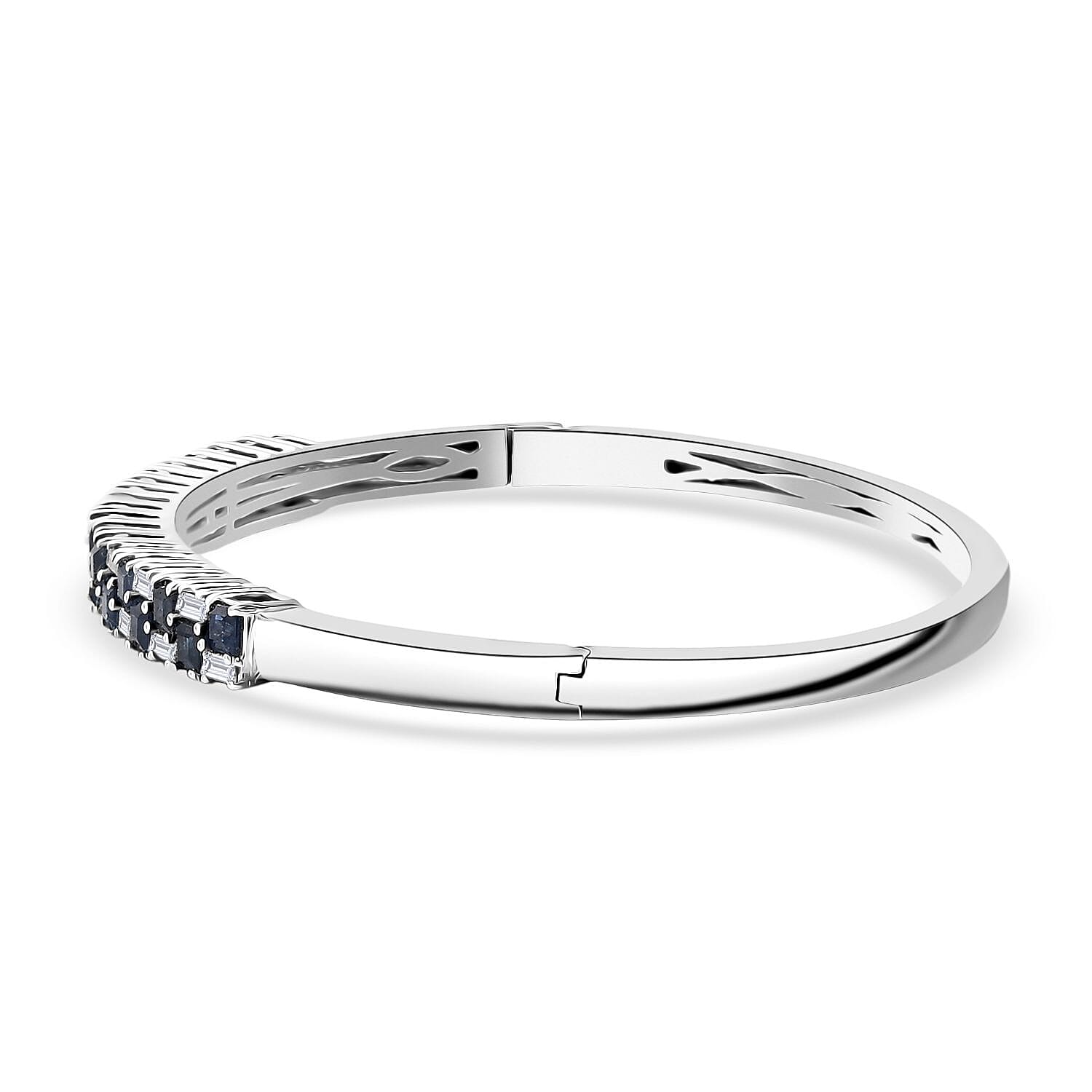 D'Joy Blue Sapphire and Moissanite 4.65 ctw Midnight Lineage Bangle Bracelet in Rhodium Over Sterling Silver (7.25 In)