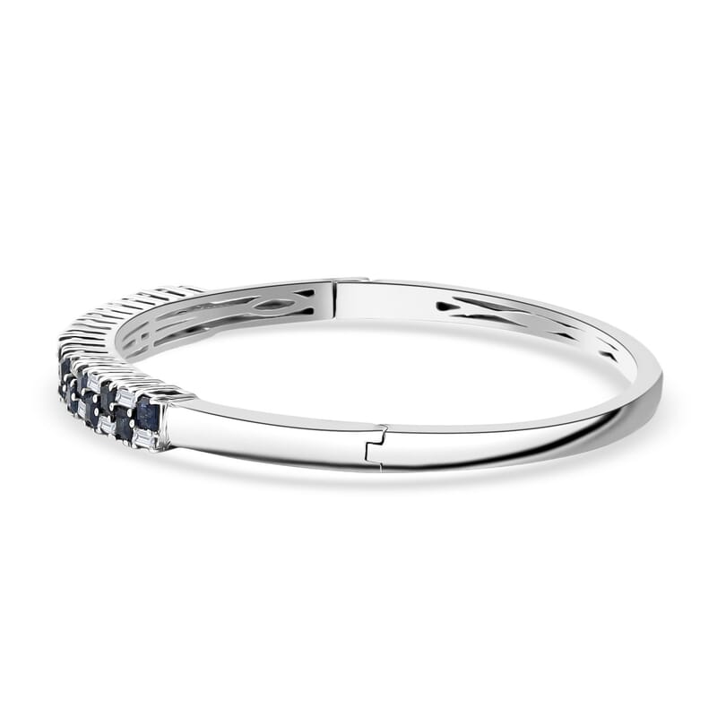 D'Joy Blue Sapphire and Moissanite 4.65 ctw Midnight Lineage Bangle Bracelet in Rhodium Over Sterling Silver (7.25 In)
