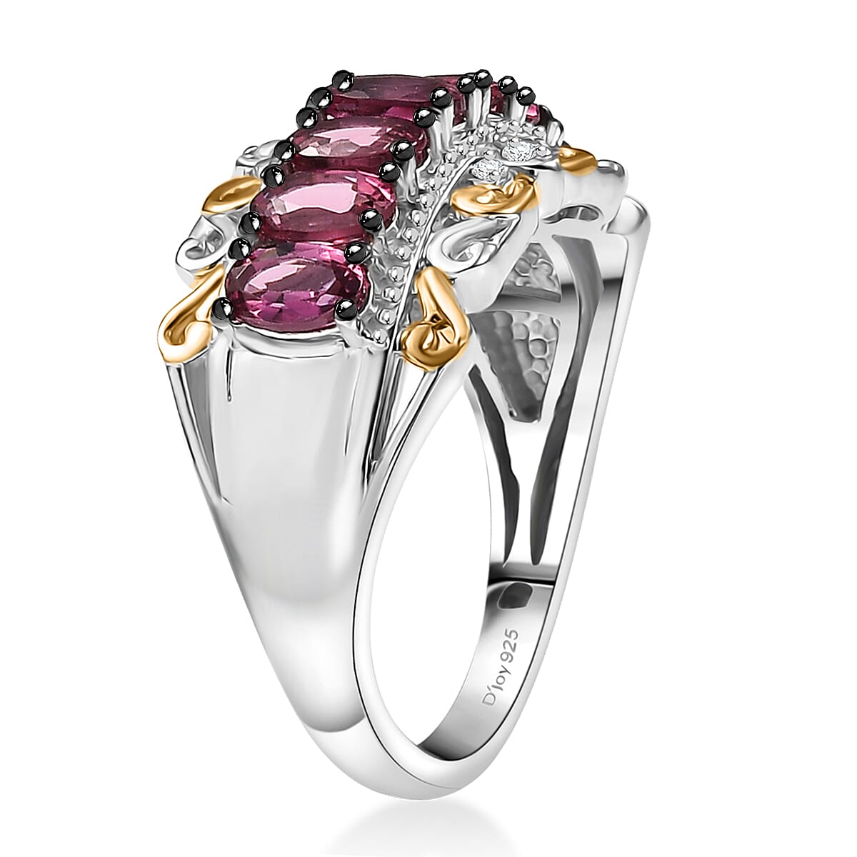 D'Joy Premium Ouro Fino Rubellite and White Zircon 1.85 ctw Rococo Filigree Ring in 18K Vermeil YG and Rhodium Over Sterling Silver (Size 10.0) image number 3