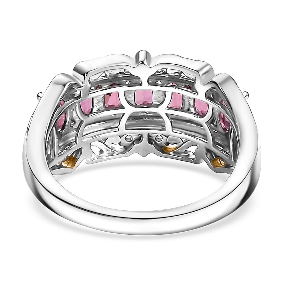 D'Joy Premium Ouro Fino Rubellite and White Zircon 1.85 ctw Rococo Filigree Ring in 18K Vermeil YG and Rhodium Over Sterling Silver (Size 10.0) image number 4