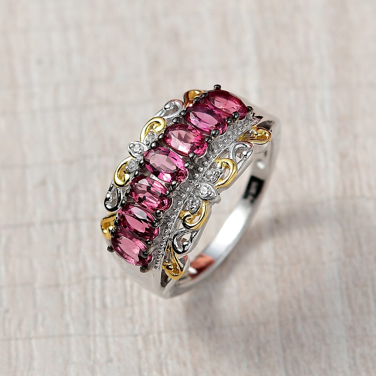 D'Joy Premium Ouro Fino Rubellite and White Zircon 1.85 ctw Ring in 18K Vermeil YG and Rhodium Over Sterling Silver (Size 8.0) image number 1