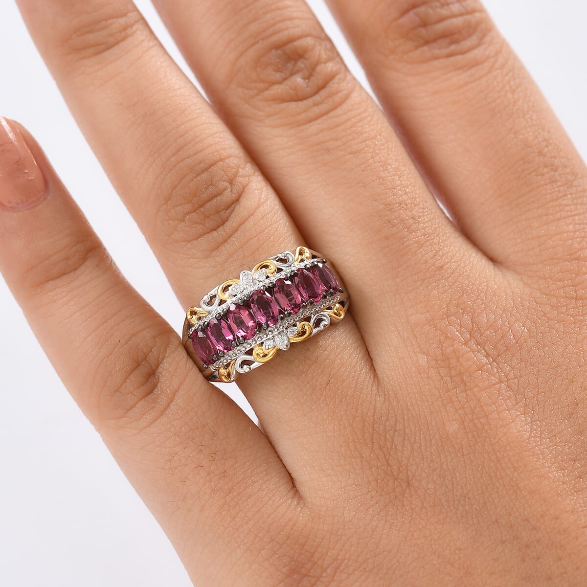 D'Joy Premium Ouro Fino Rubellite and White Zircon 1.85 ctw Ring in 18K Vermeil YG and Rhodium Over Sterling Silver (Size 8.0) image number 2
