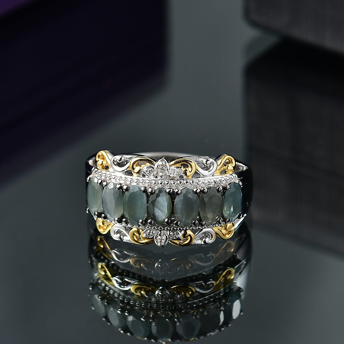 D'Joy Premium Narsipatnam Alexandrite and White Zircon 1.90 ctw Rococo Filigree Ring in 18K Vermeil YG and Rhodium Over Sterling Silver (Size 7.0) image number 1