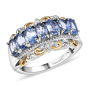 D'Joy Premium Ceylon Blue Sapphire and White Zircon 2.85 ctw Rococo Filigree Ring in 18K Vermeil YG and Rhodium Over Sterling Silver (Size 7.0)