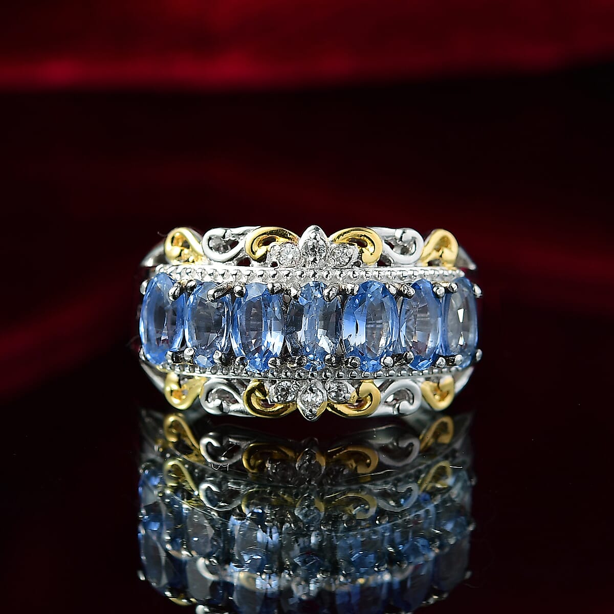 D'Joy Premium Ceylon Blue Sapphire and White Zircon 2.85 ctw Rococo Filigree Ring in 18K Vermeil YG and Rhodium Over Sterling Silver (Size 7.0) image number 1