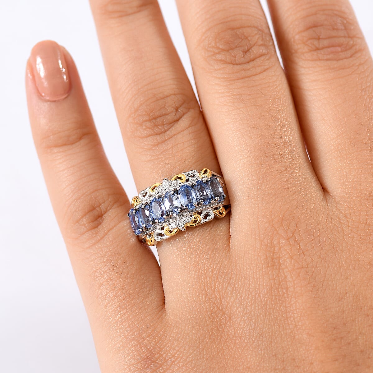 D'Joy Premium Ceylon Blue Sapphire and White Zircon 2.85 ctw Rococo Filigree Ring in 18K Vermeil YG and Rhodium Over Sterling Silver (Size 7.0) image number 2
