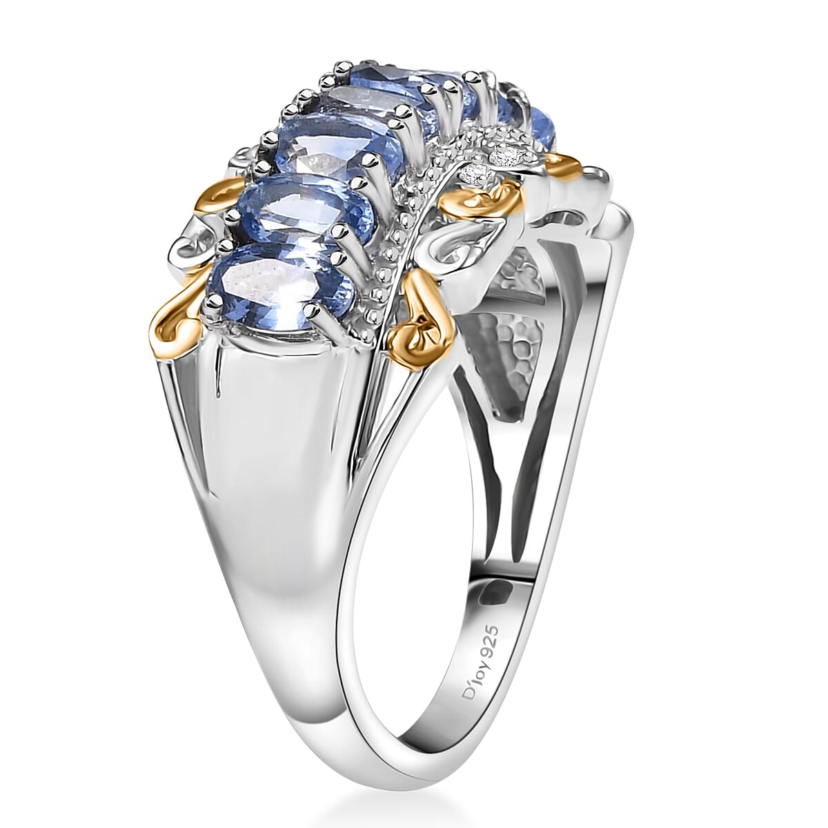 D'Joy Premium Ceylon Blue Sapphire and White Zircon 2.85 ctw Rococo Filigree Ring in 18K Vermeil YG and Rhodium Over Sterling Silver (Size 7.0) image number 3