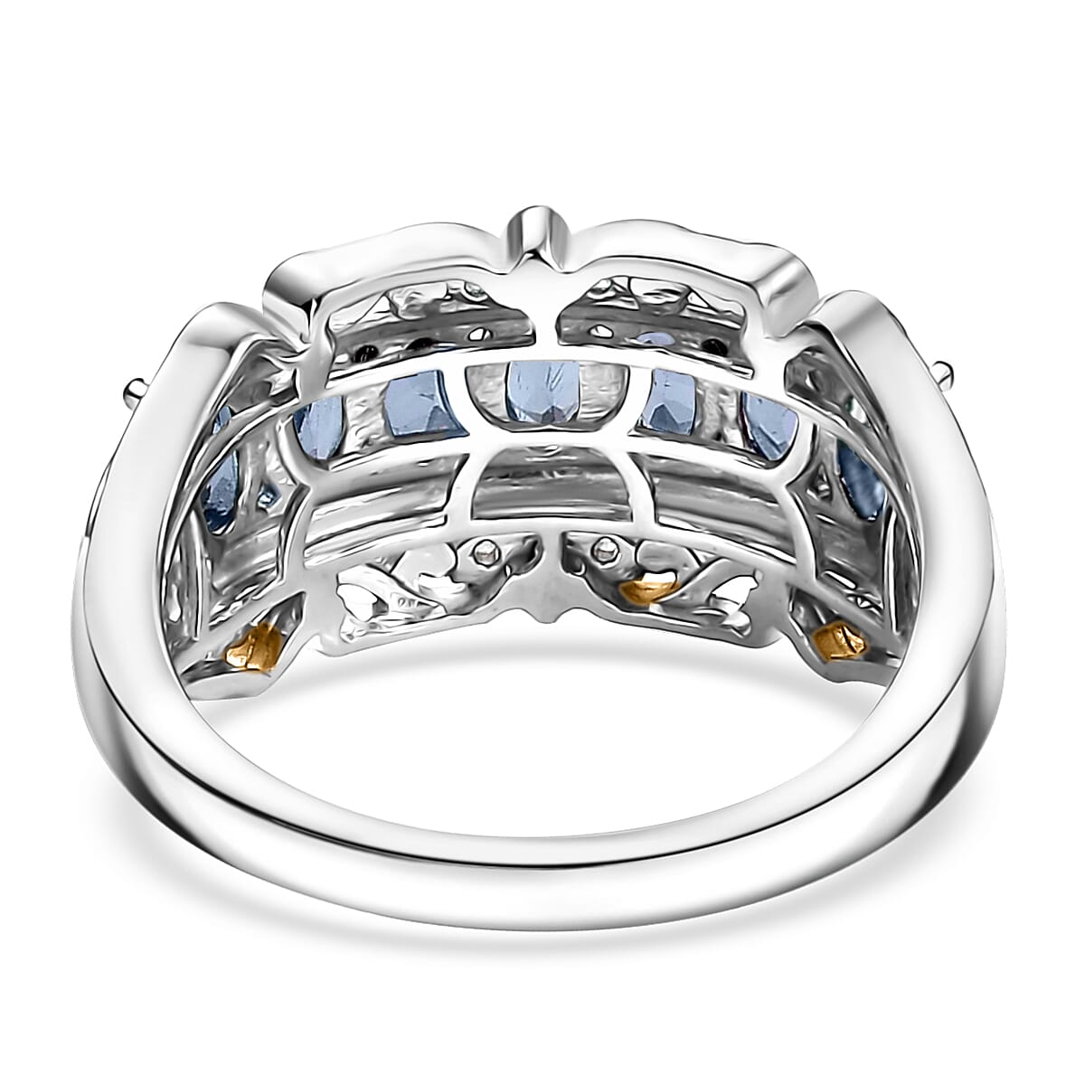 D'Joy Premium Ceylon Blue Sapphire and White Zircon 2.85 ctw Rococo Filigree Ring in 18K Vermeil YG and Rhodium Over Sterling Silver (Size 7.0) image number 4