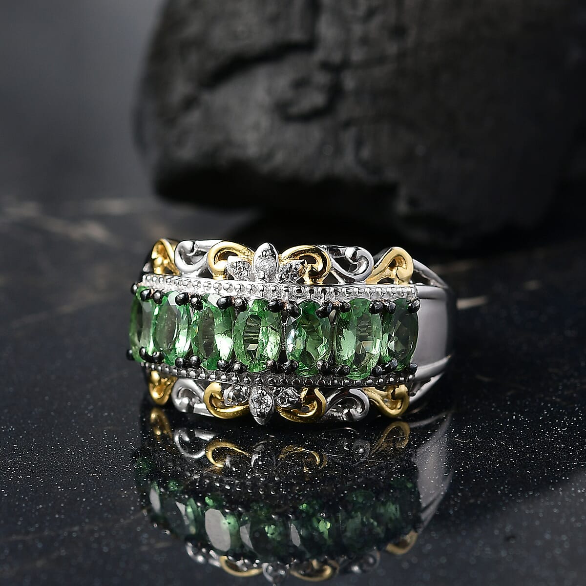 D'Joy Premium Tsavorite Garnet and White Zircon 1.85 ctw Rococo Filigree Ring in 18K Vermeil YG and Rhodium Over Sterling Silver (Size 10.0)  image number 1
