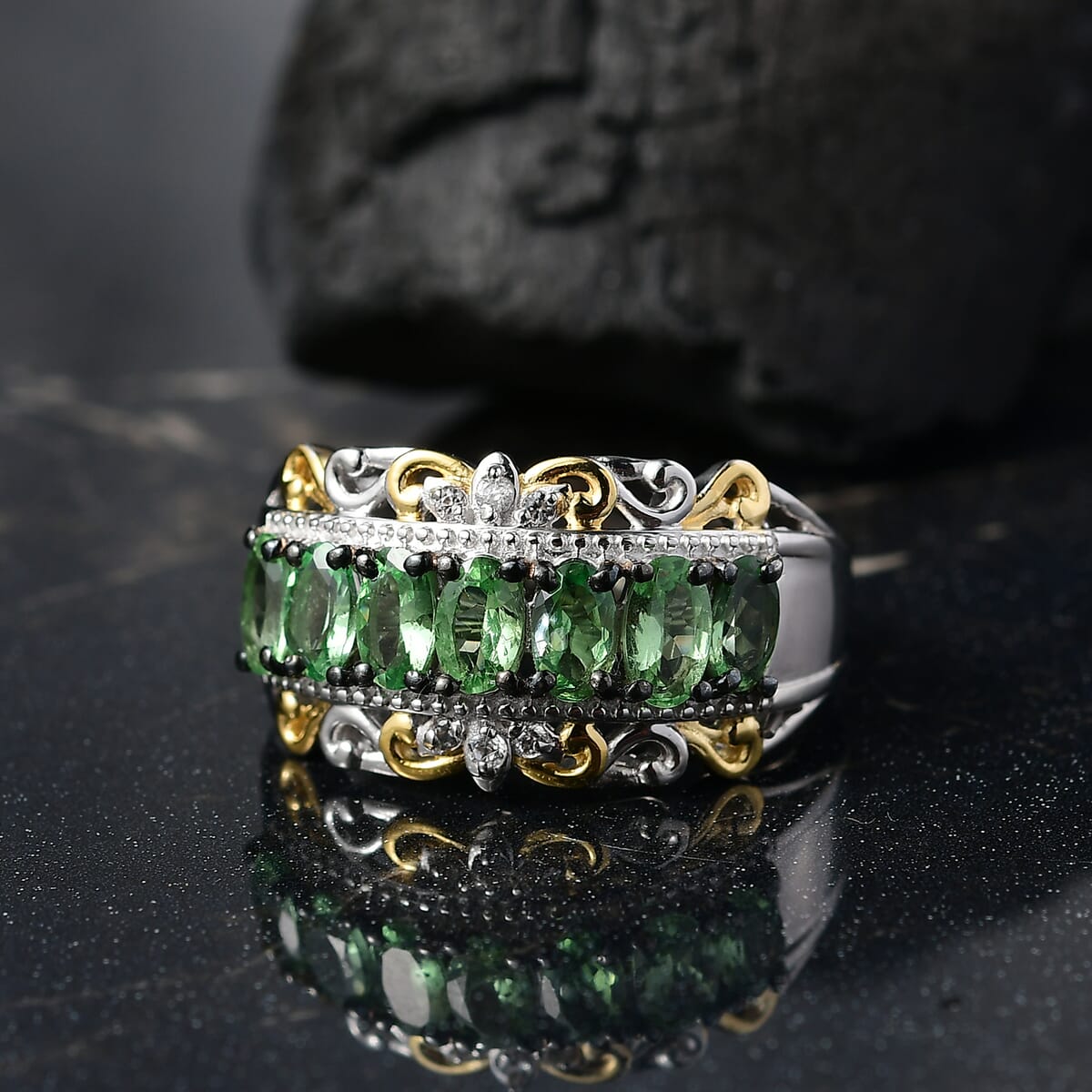 D'Joy Premium Tsavorite Garnet and White Zircon 1.85 ctw Ring in 18K Vermeil YG and Rhodium Over Sterling Silver (Size 9.0)  image number 1