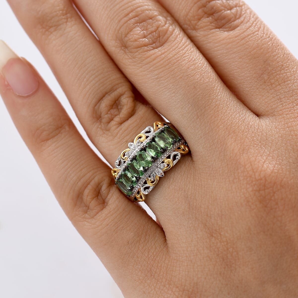 D'Joy Premium Tsavorite Garnet and White Zircon 1.85 ctw Ring in 18K Vermeil YG and Rhodium Over Sterling Silver (Size 9.0)  image number 2