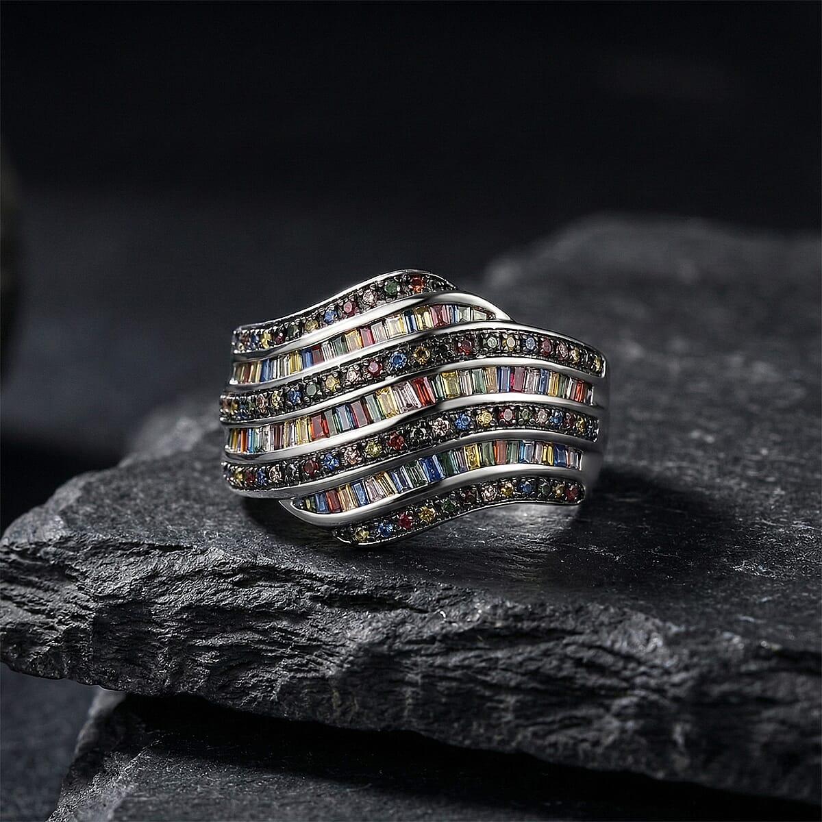 D'Joy Multi Color Diamond 1.00 ctw Wave Motion Ring in Platinum Over Sterling Silver (Size 10.0) image number 1