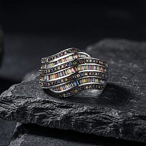 D'Joy Multi Color Diamond 1.00 ctw Wave Motion Ring in Platinum Over Sterling Silver (Size 6.0)