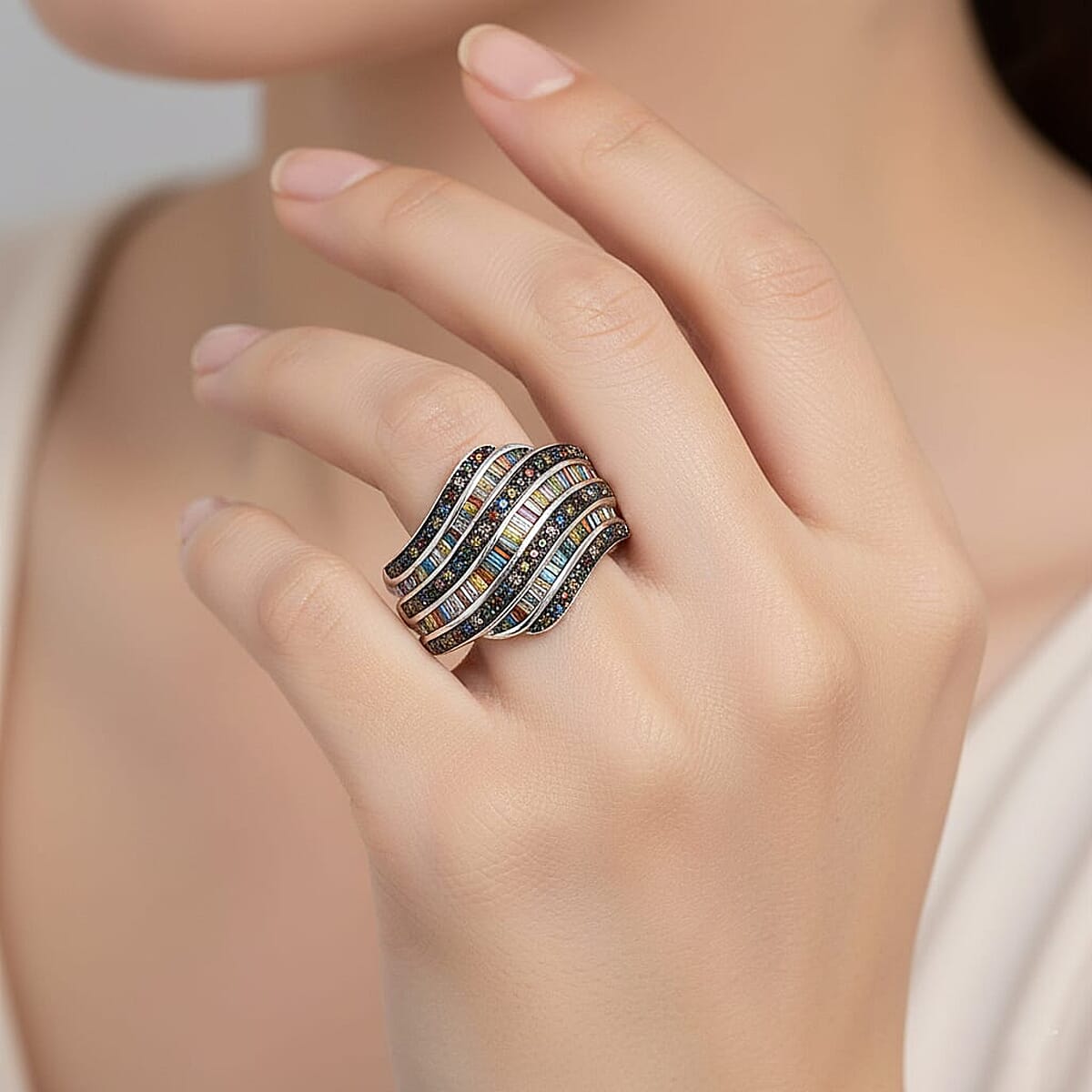 TLV Multi Color Diamond (Natural & IR) Ring in Platinum Over Sterling Silver (Size 10.0) 1.00 ctw image number 1