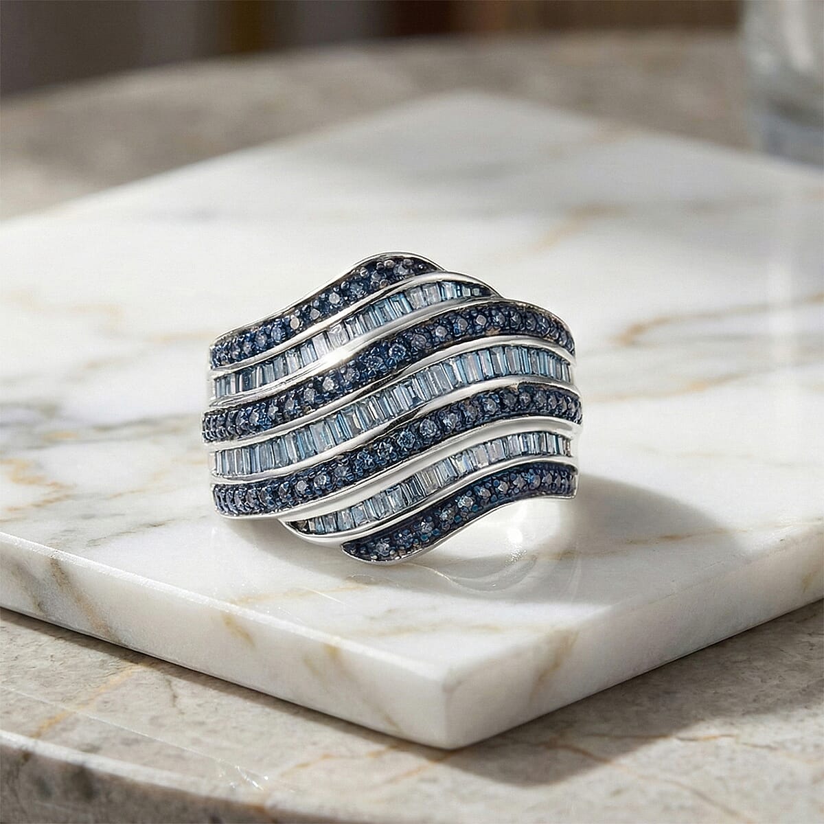 D'Joy Blue Diamond 1.00 ctw Wave Motion Ring in Platinum Over Sterling Silver (Size 9.0) image number 1