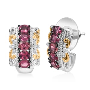 D'Joy Premium Ouro Fino Rubellite and White Zircon 1.90 ctw Hoop Earrings in 18K Vermeil YG and Rhodium Over Sterling Silver